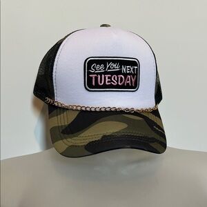 Camo C U next Tuesday trucker hat